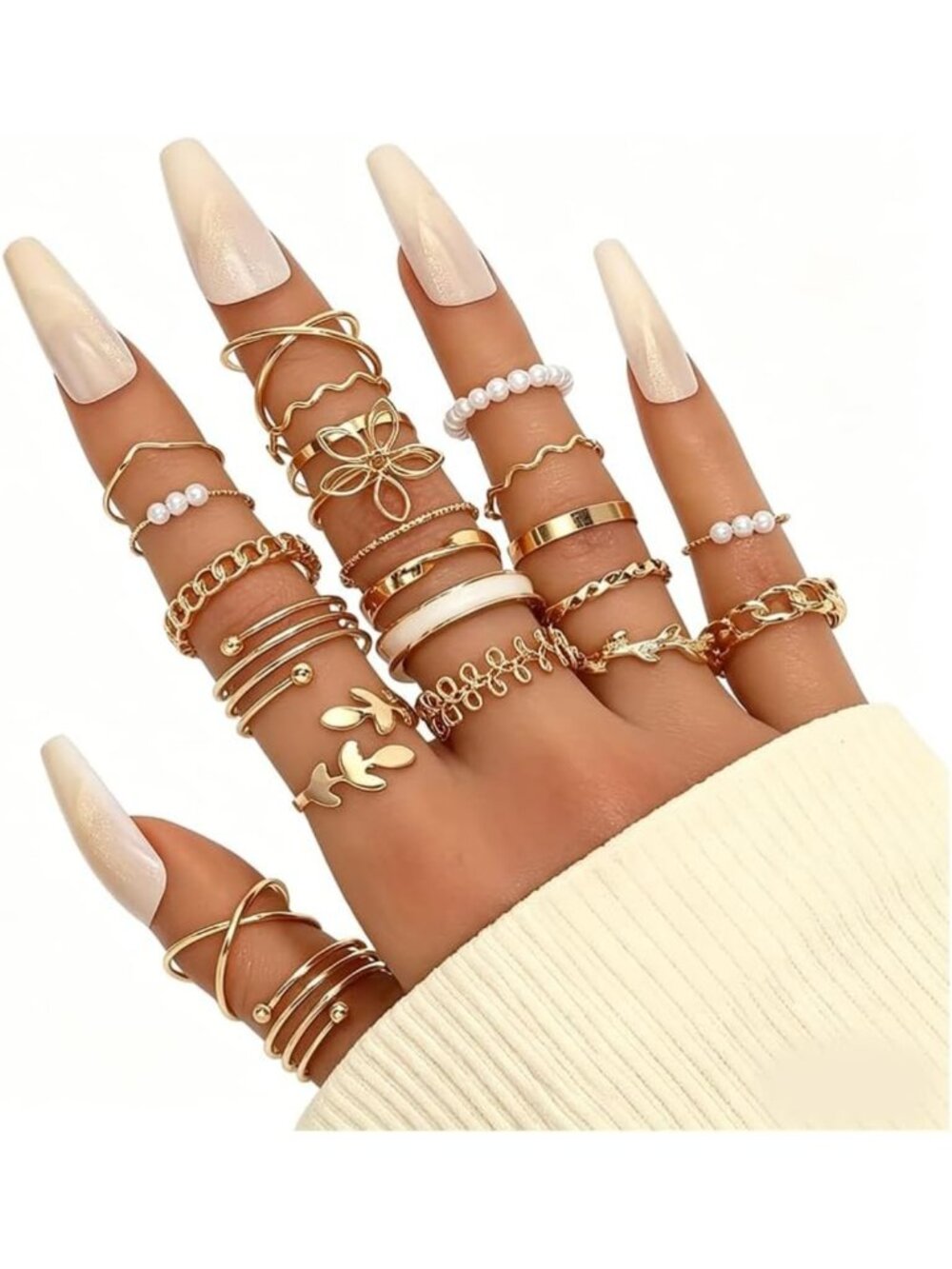Chunky Gold Adjustable Stacking Rings Set with Baroque Pearl & Tiger's Eye